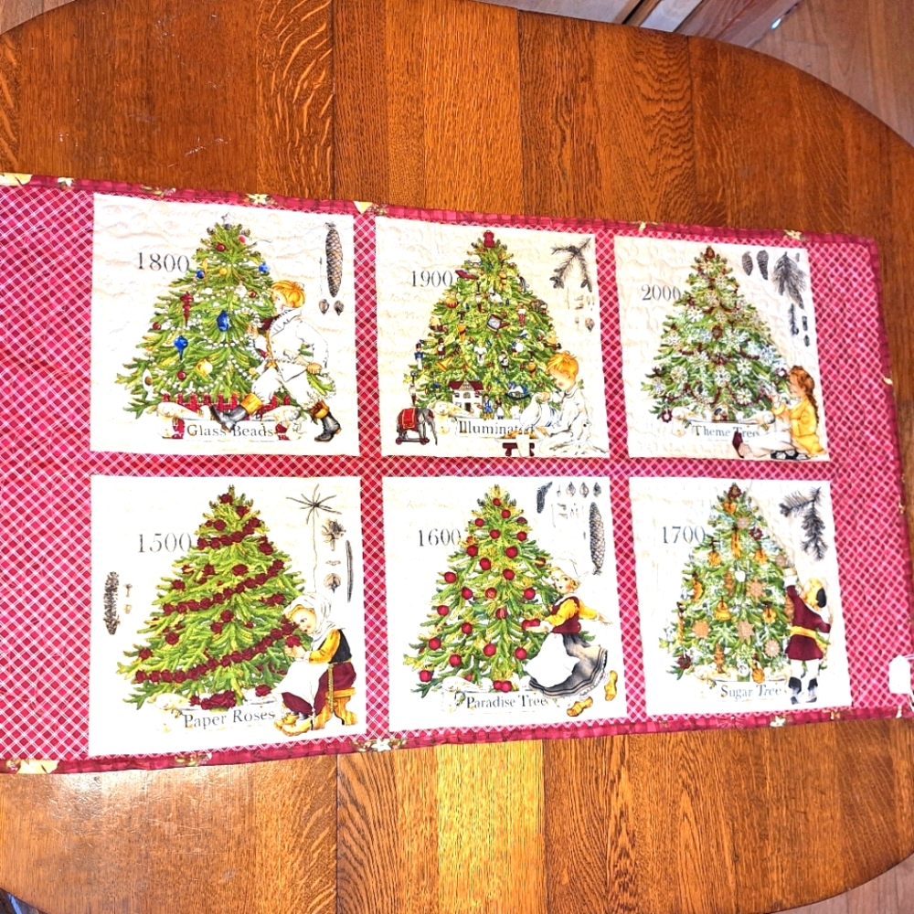 "Christmas Trees & Dates Burgundy Back" Wall Hanging or Lap Quilt, NWT